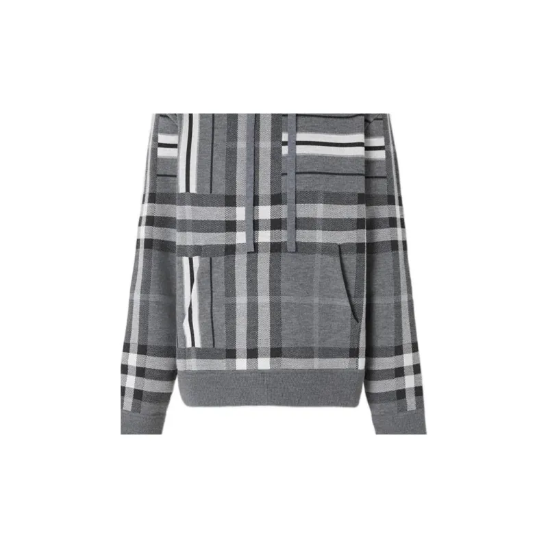 Burberry FW22 Check And Stripe Wool Blend Jacquard Hoodie Dark Grey Melange-5