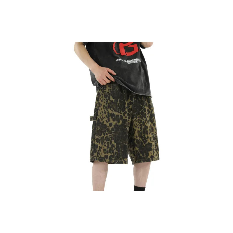 JCUI Denim Shorts Unisex Leopard Print-5