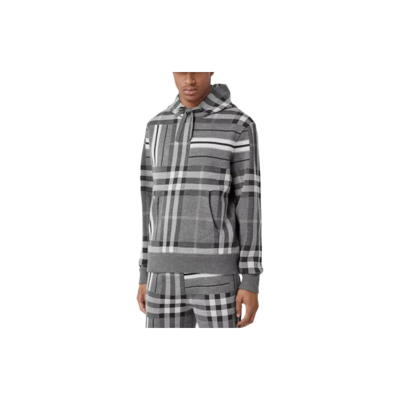 Burberry FW22 Check And Stripe Wool Blend Jacquard Hoodie Dark Grey Melange-3