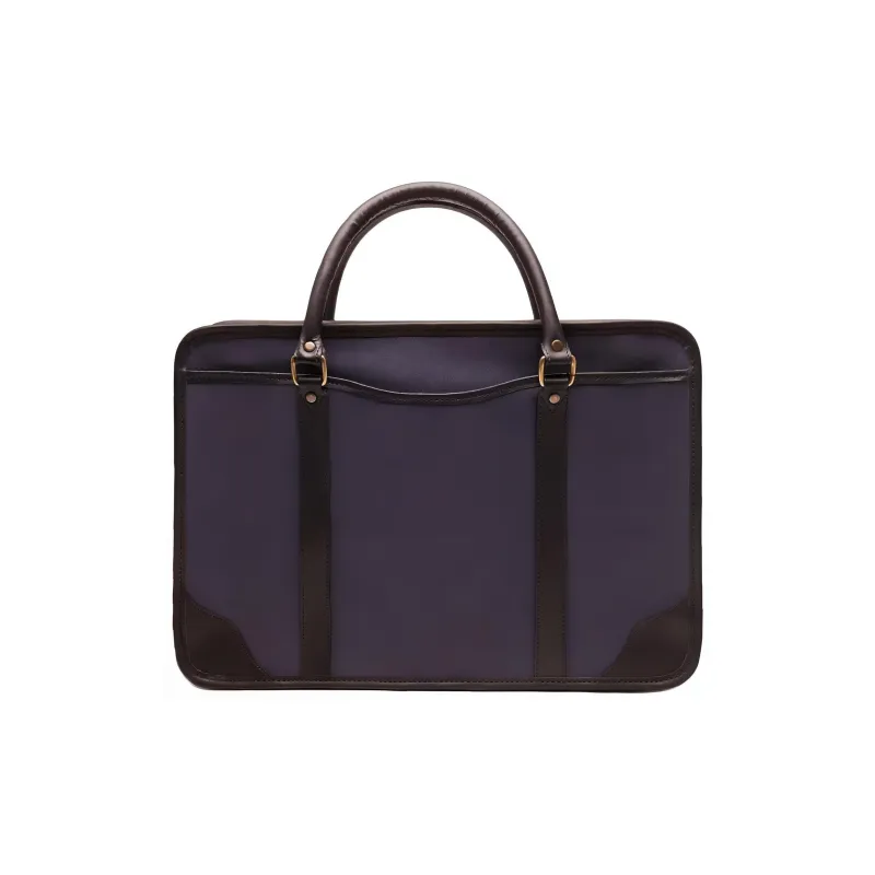 ETTINGER Cotton Twill With Leather Trim Briefcase, Handbag Men's Marine Blue & Black-0