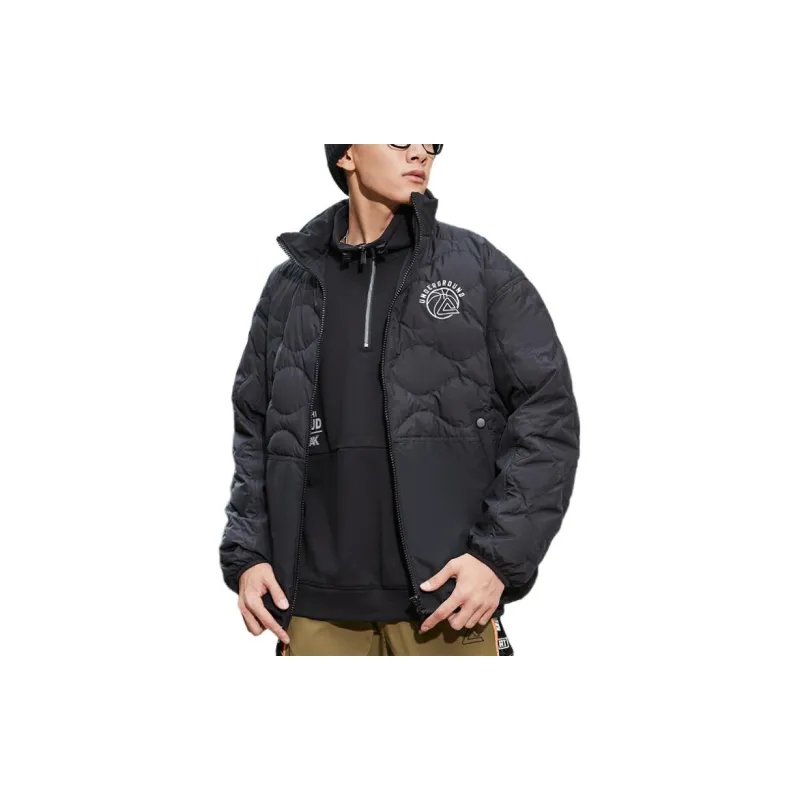 PEAK Solid Color Stand Collar Fitted Thickened Mid Length Down Jacket Men's Black-2