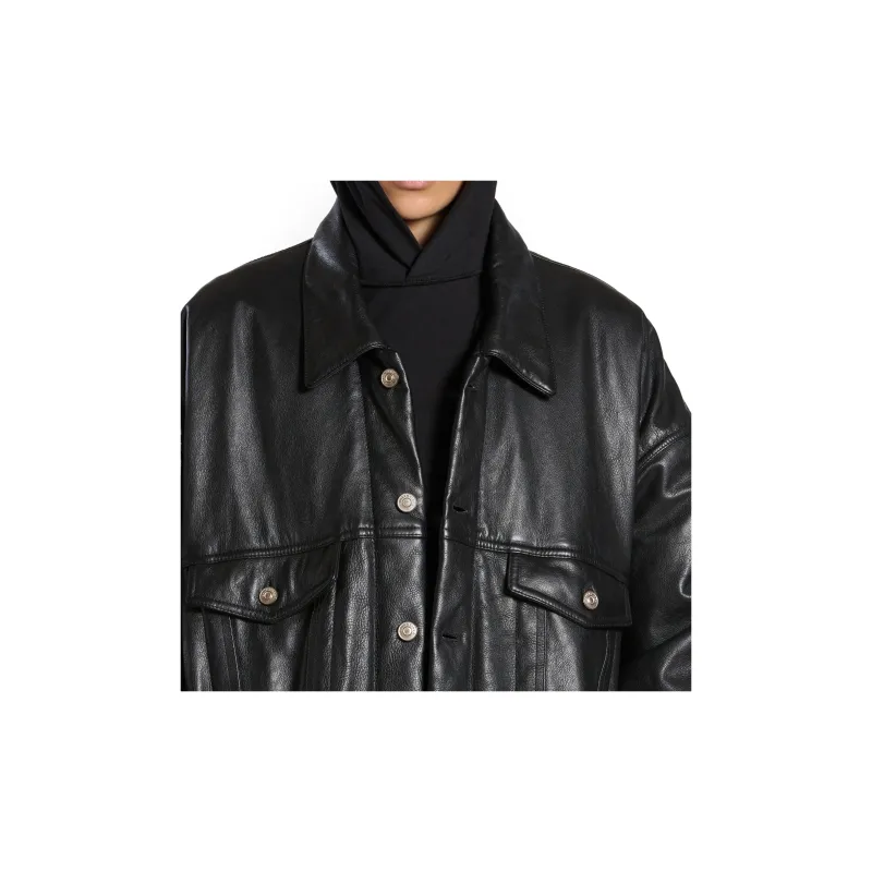 Balenciaga Leather Jacket Loose Fit Style Unisex Black-5