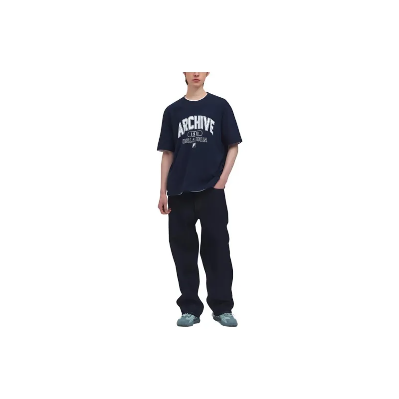 FILA Drop Shoulder Sleeve T Shirt Unisex Navy Blue-2