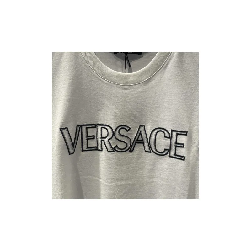 VERSACE Logo Letter Embroidered Casual Crew Neck Short Sleeved T Shirt T Shirt Men's White-3