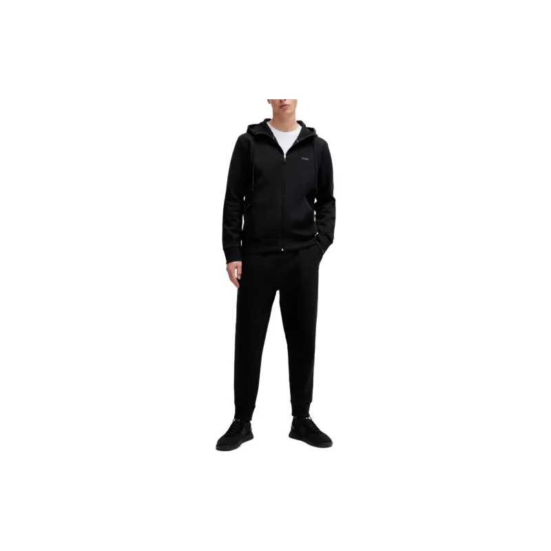 HUGO BOSS Stretch Cotton Zip Up Hoodie With Logo Print Jackets Coats Men's Black-1