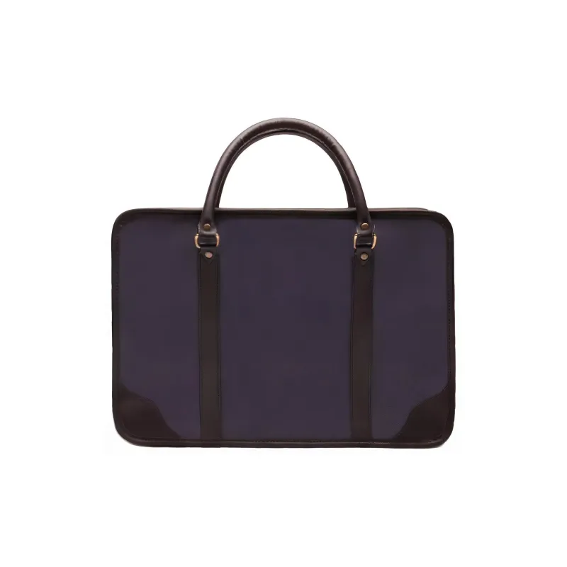ETTINGER Cotton Twill With Leather Trim Briefcase, Handbag Men's Marine Blue & Black-2