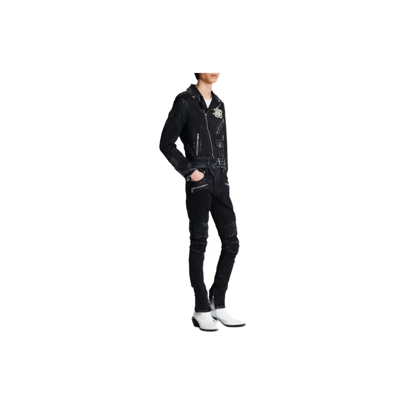BALMAIN B Logo-appliqué Denim Biker Jacket-3