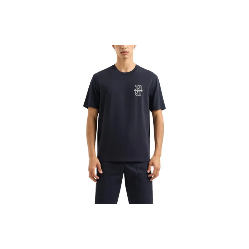 ARMANI EXCHANGE Solid Color Logo Embroidered Crew Neck Short Sleeved Shirt T Shirt Men's Marine Blue-1