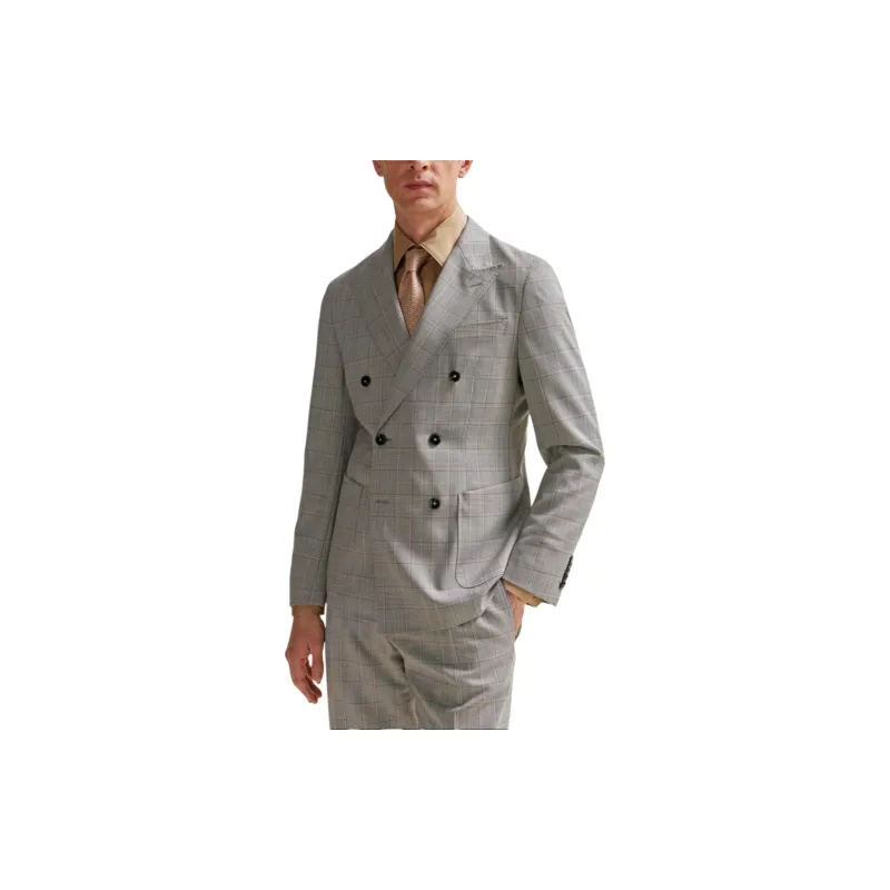 HUGO BOSS Double-Breasted Slim-Fit Suit In Checked Virgin Wool Business Suits Men's Gray-4