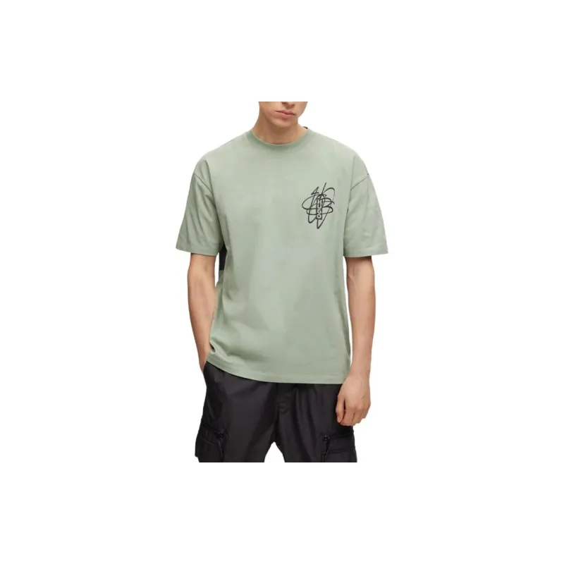 HUGO BOSS Oversized Fit Cotton T Shirt With Streetwear Artwork T Shirt Men's Green-1