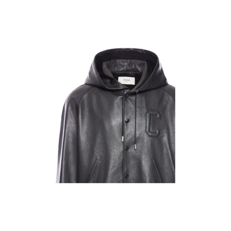 CELINE Leather Drawstring Bomber Jacket-5