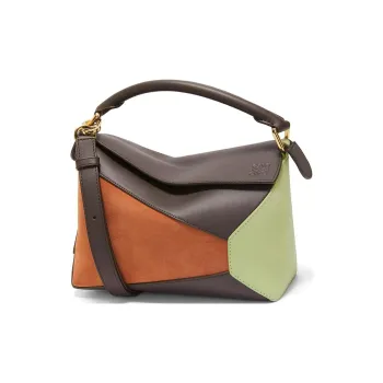 LOEWE Puzzle Cow Leather Patchwork Suede Handbag Shoulder Bag Crossbody Bag Small Size Women's Chocolate Brown Umber