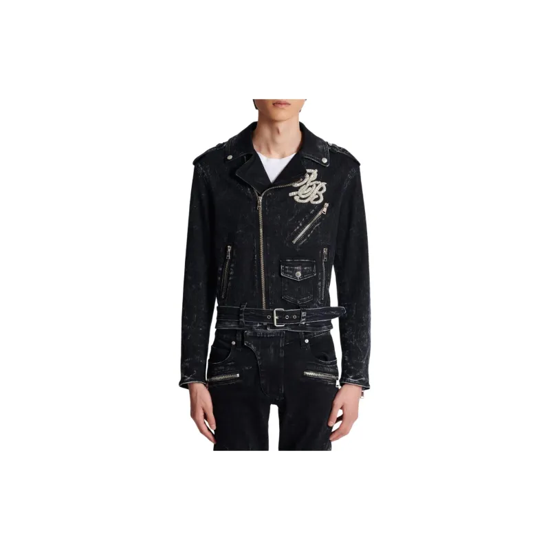 BALMAIN B Logo-appliqué Denim Biker Jacket-4