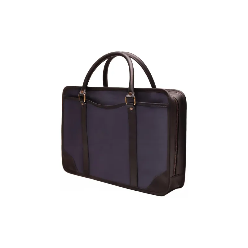 ETTINGER Cotton Twill With Leather Trim Briefcase, Handbag Men's Marine Blue & Black-1