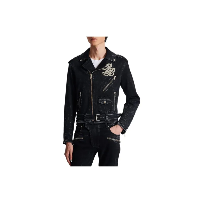 BALMAIN B Logo-appliqué Denim Biker Jacket-5