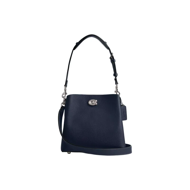 COACH Willow Polished Pebbled Leather Bucket Bag, Portable Crossbody Bag, Shoulder Bag Trumpets Women's Marine Blue-0
