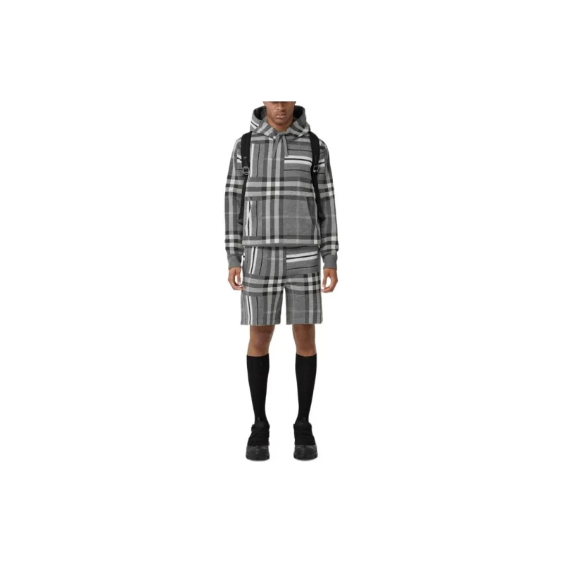 Burberry FW22 Check And Stripe Wool Blend Jacquard Hoodie Dark Grey Melange-1