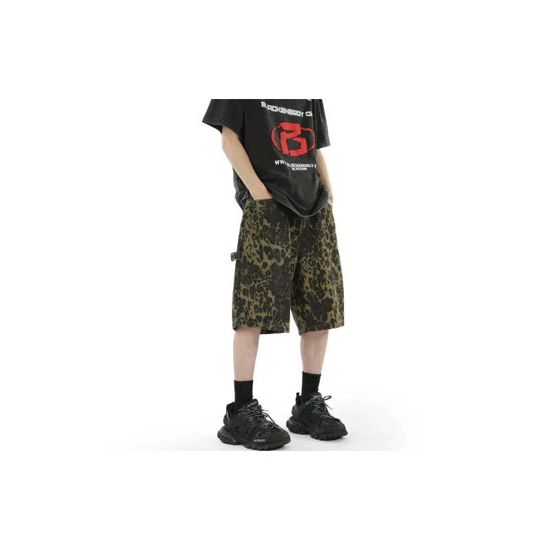 JCUI Denim Shorts Unisex Leopard Print-6