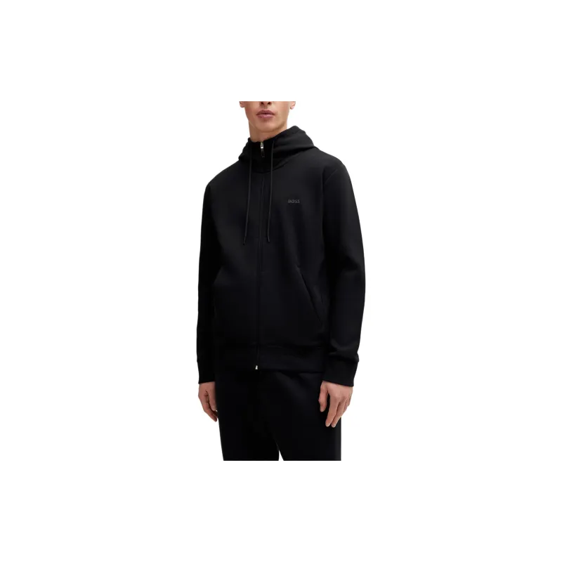 HUGO BOSS Stretch Cotton Zip Up Hoodie With Logo Print Jackets Coats Men's Black-4