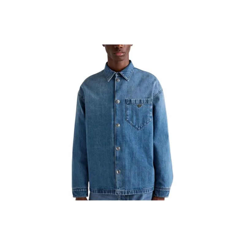 PRADA Buttoned Logo Plaque Denim Shirt-2