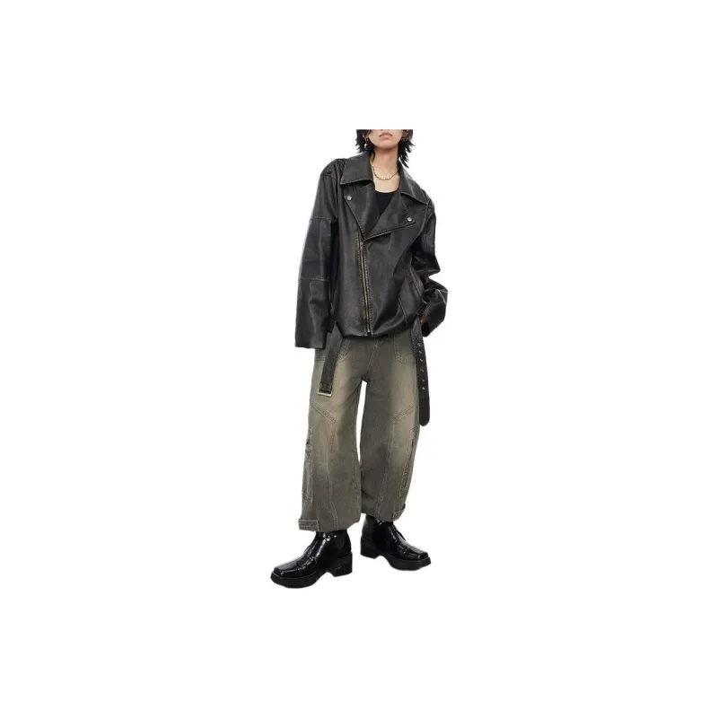 0-CROWORLD Leather Jacket Men's Black-2