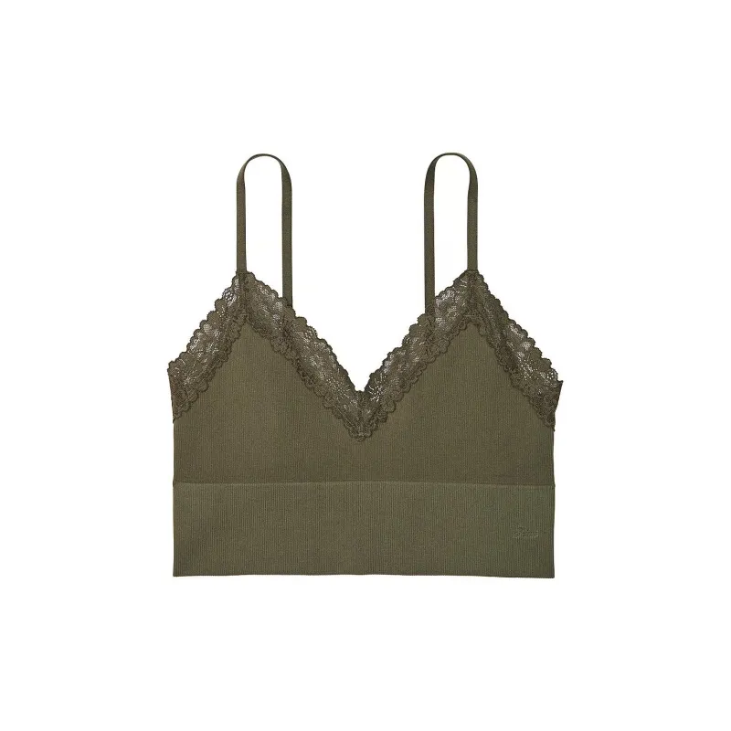 Victoria's Secret PINK Bralette Tops Seamless Rib Unlined Longline Lette/CNO Bra Women's Olive-0