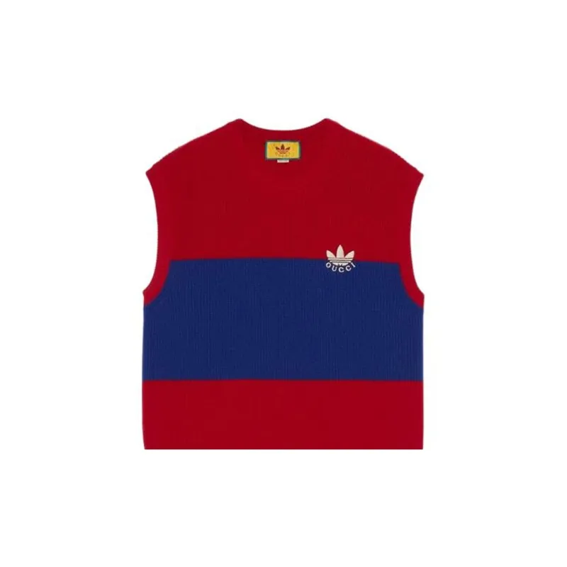 GUCCI X Adidas Originals FW22 Embroidered Colorblock Crew Neck Sleeveless Sweater Red-5