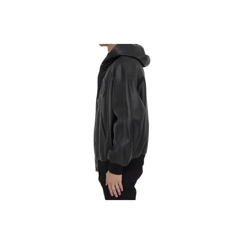 CELINE Leather Drawstring Bomber Jacket-4