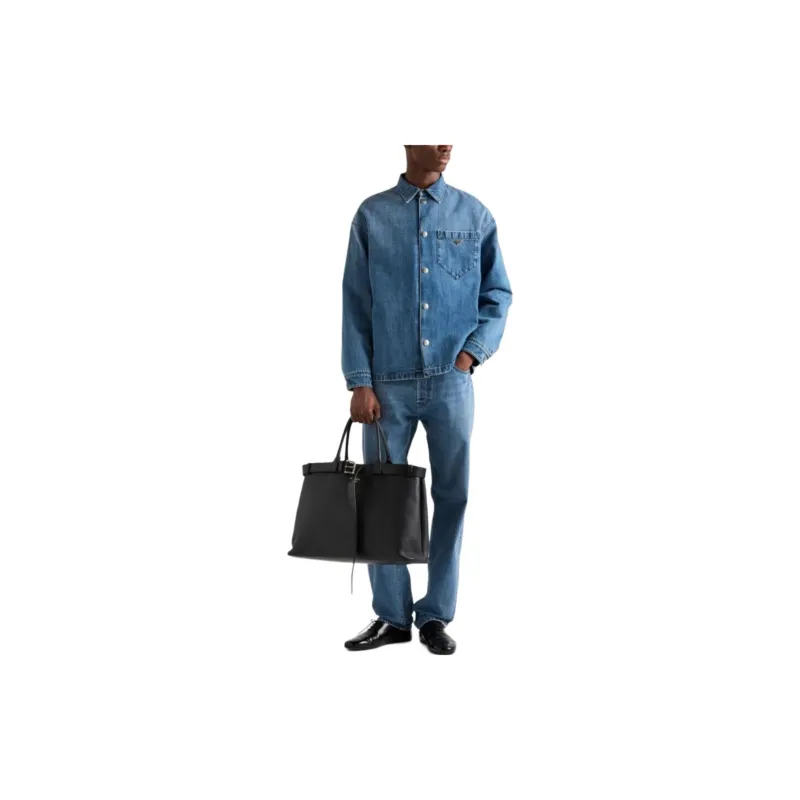 PRADA Buttoned Logo Plaque Denim Shirt-1