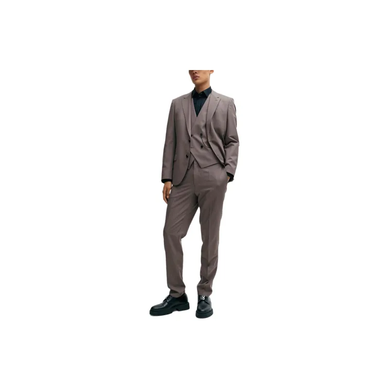 HUGO BOSS Three-Piece Slim-Fit Suit With Double-Breasted Waistcoat Business Suits Men's Light Brown-1