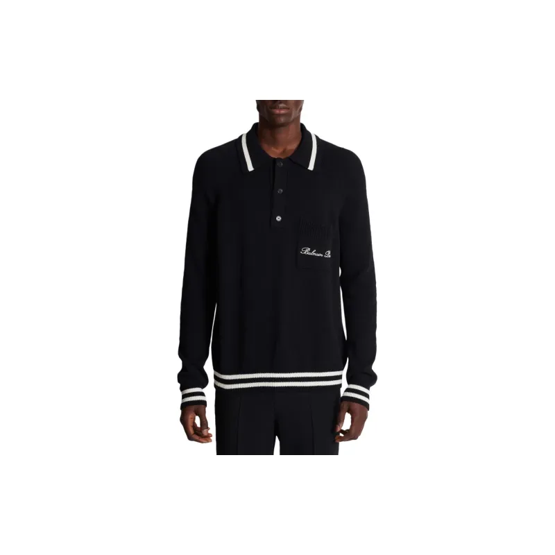 BALMAIN Logo Embroidered Long Sleeve Polo Shirt-4