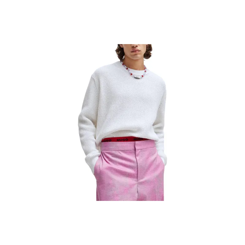 HUGO BOSS RELAXED-FIT SWEATER WITH KNITTED STRUCTURE AND CREW Sweater Men's White-2