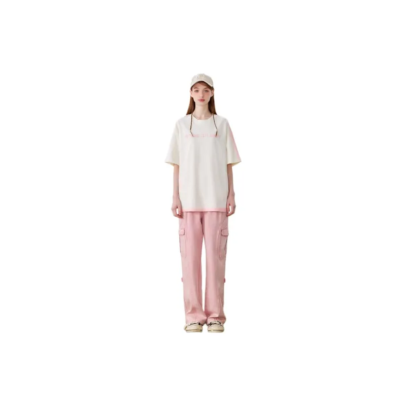 Bosieagender Drop Shoulder Sleeve T Shirt Unisex Beige-1
