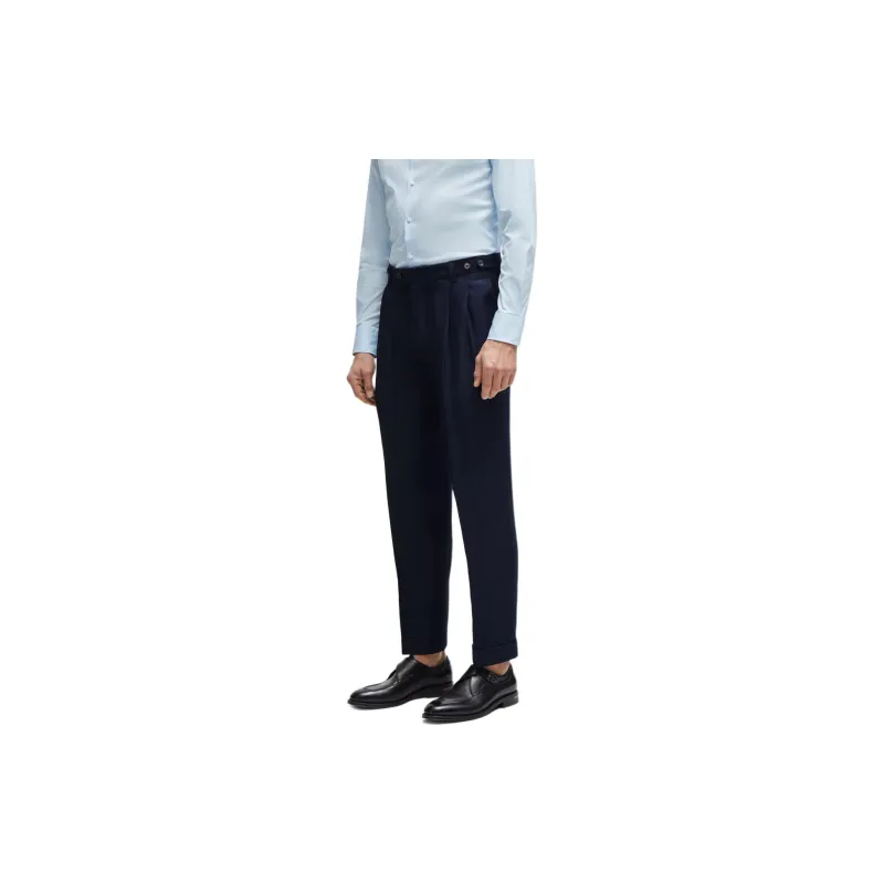 HUGO BOSS Relaxed Fit Trousers In Herringbone Virgin Wool And Linen Casual Pants Men's Dark Blue-3