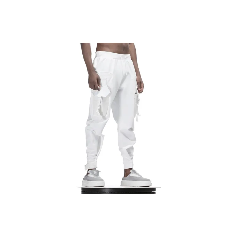 NORVINCY Spring And Fall Urban Techwear Pants Elastic Waistband Lace Up Pants Unisex White-3
