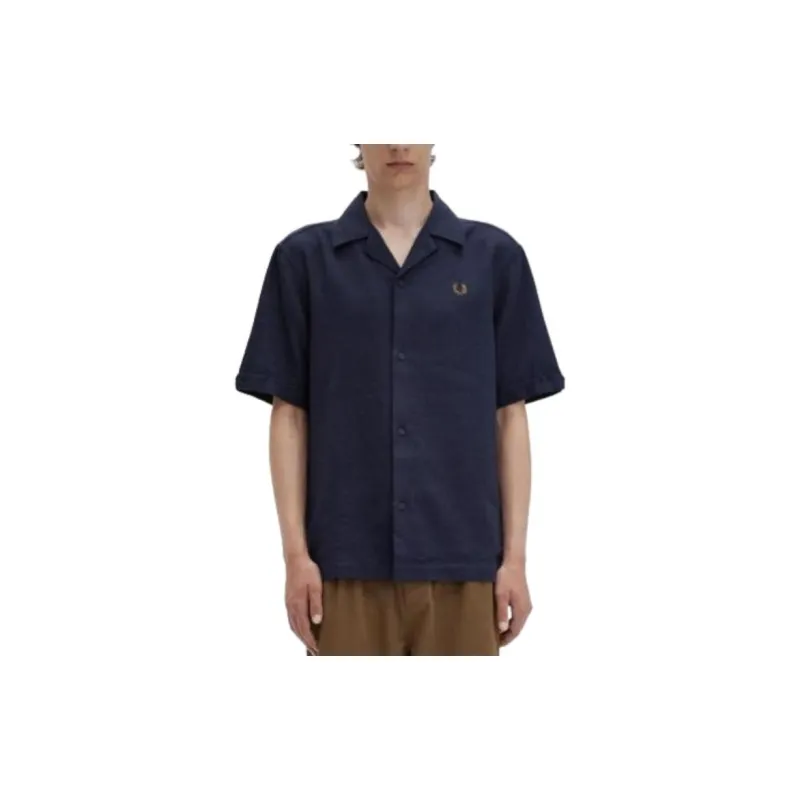 FRED PERRY Linen blend Revere Collar Shirt Men's Marine Blue-2