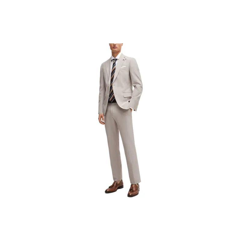 HUGO BOSS SS24 Slim-Fit Jacket In A Micro-Patterned Cotton Blend Business Suits Coats Men's Light Brown-3
