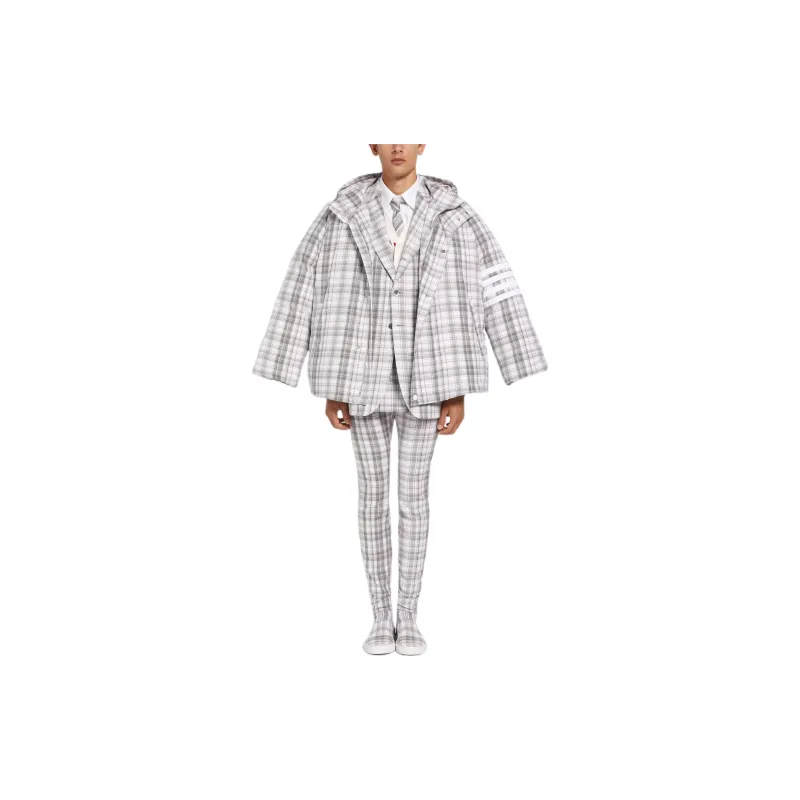 THOM BROWNE SS22 Plaid Stripes Hooded Cropped Down Jacket Men's Gray-3
