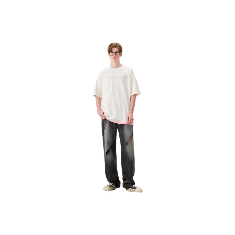 Bosieagender Drop Shoulder Sleeve T Shirt Unisex Beige-2