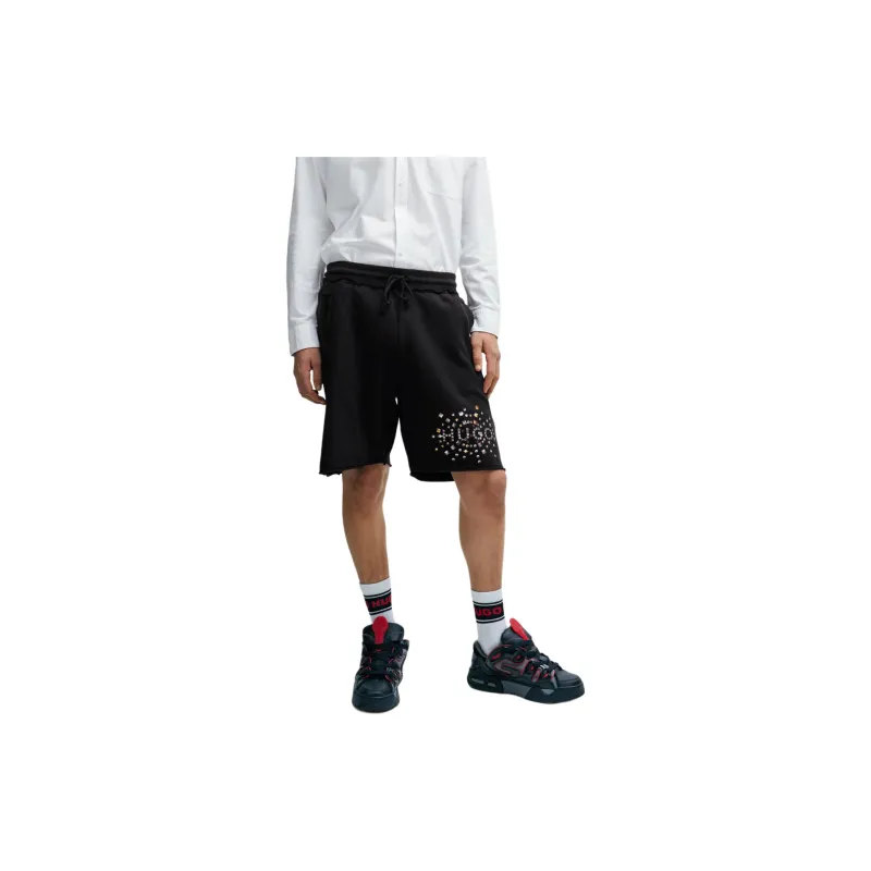 HUGO BOSS Cotton Terry Shorts With Stud Effect Artwork Casual Shorts Men's Black-2