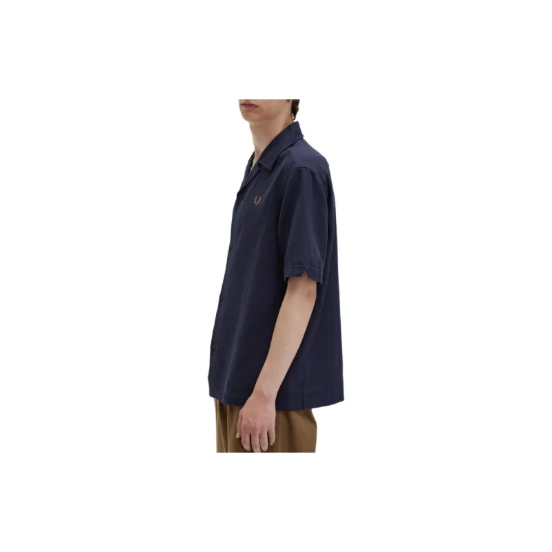 FRED PERRY Linen blend Revere Collar Shirt Men's Marine Blue-4