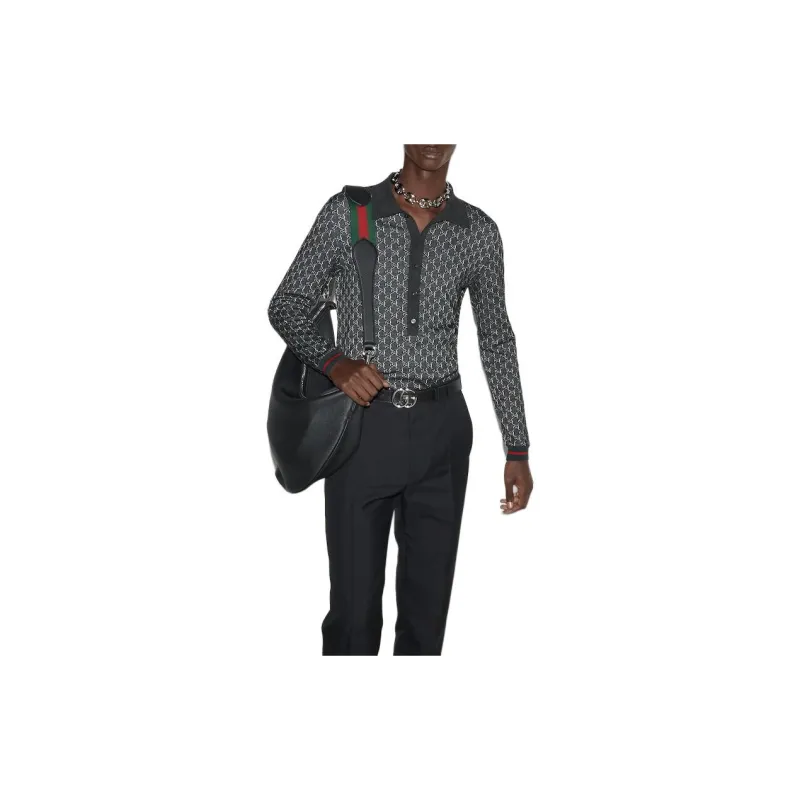 GUCCI Monogrammed Long Sleeve Polo Shirt-2
