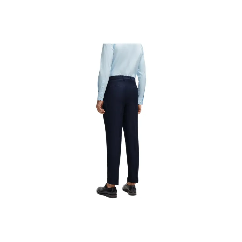 HUGO BOSS Relaxed Fit Trousers In Herringbone Virgin Wool And Linen Casual Pants Men's Dark Blue-2