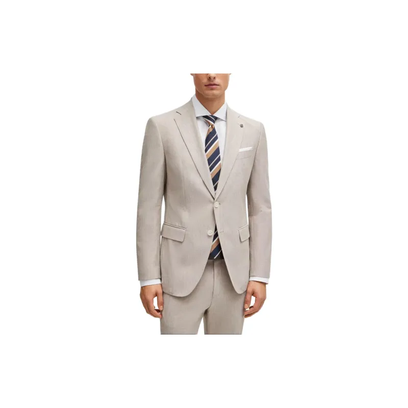 HUGO BOSS SS24 Slim-Fit Jacket In A Micro-Patterned Cotton Blend Business Suits Coats Men's Light Brown-1