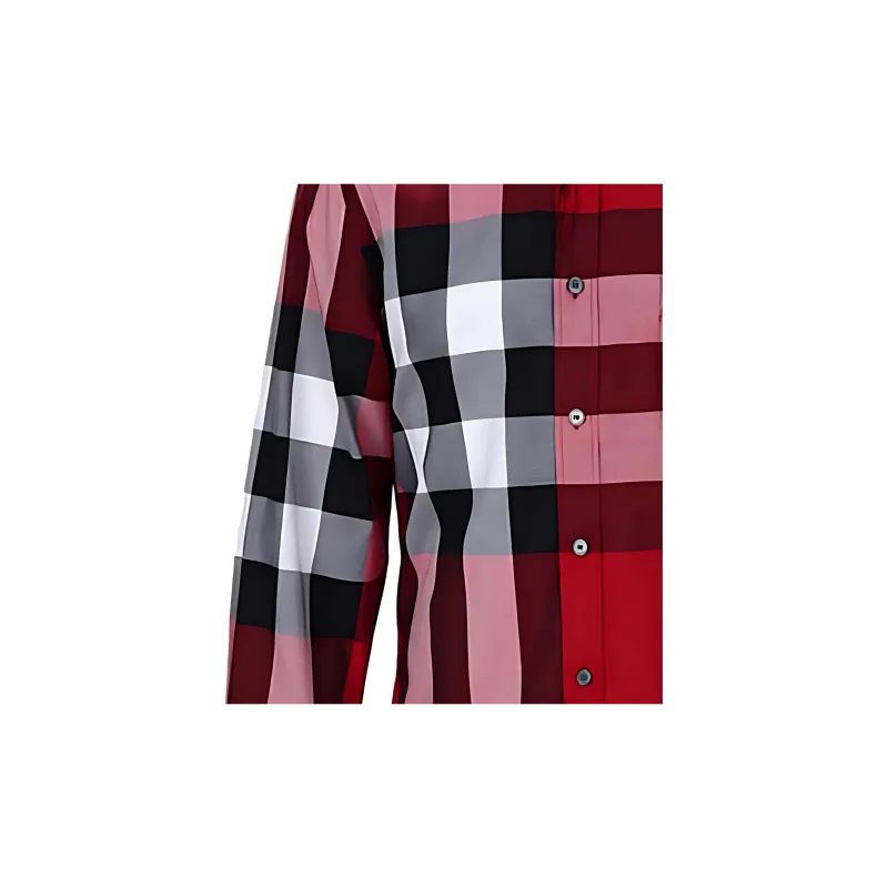 Burberry Men Color Block Check Shirt Red-3