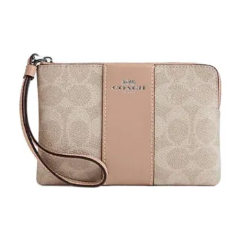 COACH Corner Zip Artificial Leather Bonded Cow Split Leather Wrist Bags Clutches Small Size Women's Taupe