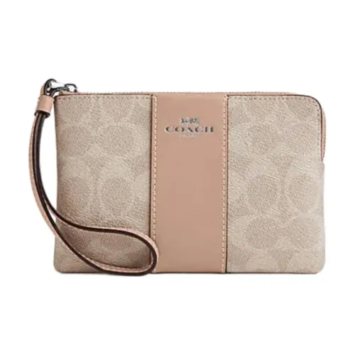 COACH Corner Zip Artificial Leather Bonded Cow Split Leather Wrist Bags Clutches Small Size Women's Taupe