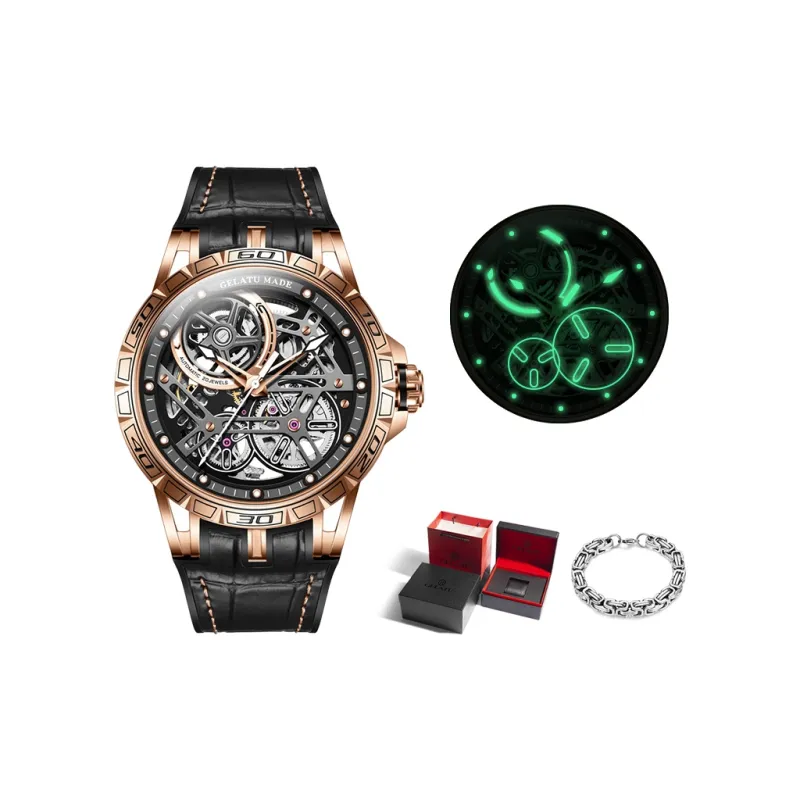 GELATU Automatic Mechanical Movement Genuine Leather Strap Watch Men's Watches Black Dial-3