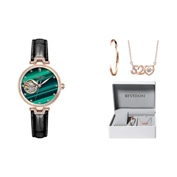 Bestdon Automatic Mechanical Movement Genuine Leather Strap Watch Women's Watch Cut Out Dial