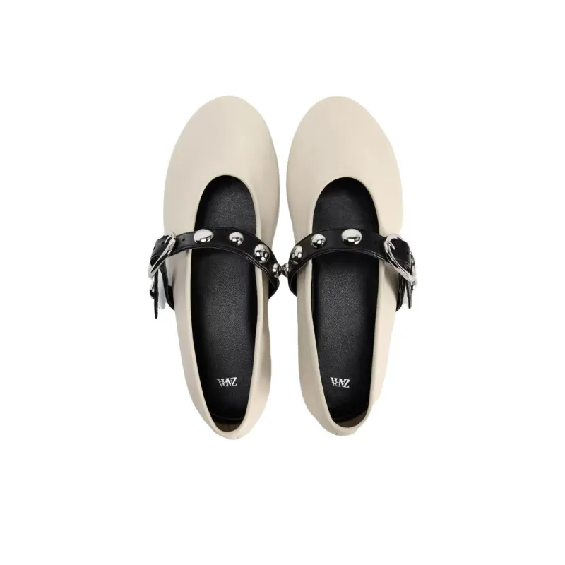 ZARA Flat Mary Jane Shoes Women's Beige-4